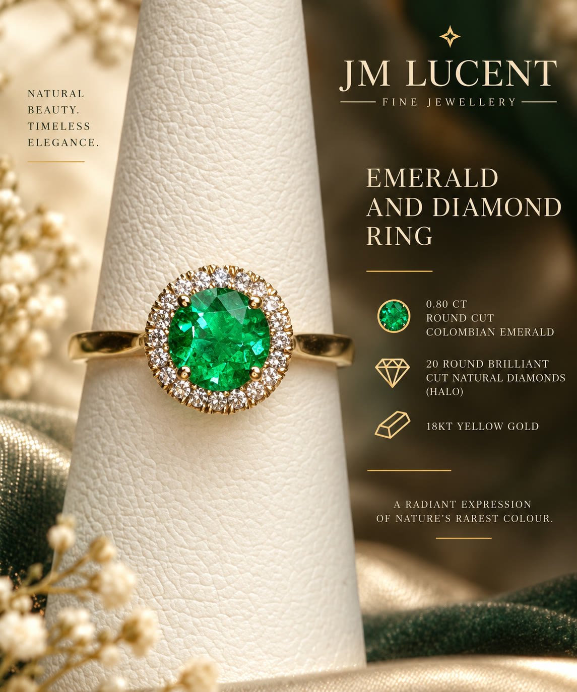JM LUCENT editorial image of the Colombian emerald and diamond halo ring.