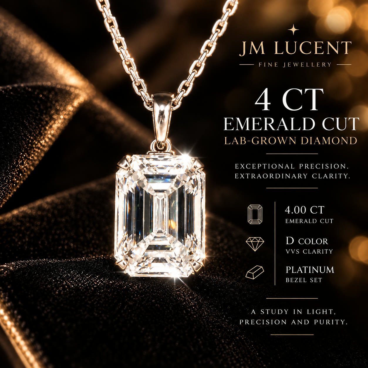 JM LUCENT editorial image of the 4.00 ct emerald-cut diamond pendant.